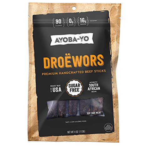 Ayoba-Yo Droewors Beef Sticks. Keto Diet Friendly Air-Dried Sausages. Made With Premium Meat. Gluten Free, Nitrate Nitrite Free, No Sugar. Healthy and Natural Snacks. 4 Ounce