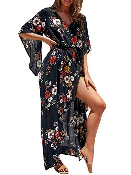 Miessial Women's Boho V Neck Floral Chiffon Dress Backless Beach Split Maxi Dress with Belt