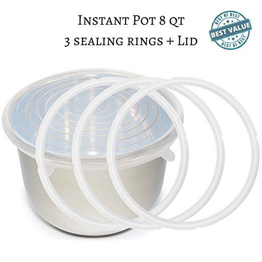 Bonison Premium Instant Pot 3 Replacement Sealing Rings and 1 Silicone Inner Pot Silicone Cover Lid Combo, Best Bundle. Fit 8 QT IP Lux Duo Ultra Smart Series. Spill Proof, Keep Food Fresh. (8)