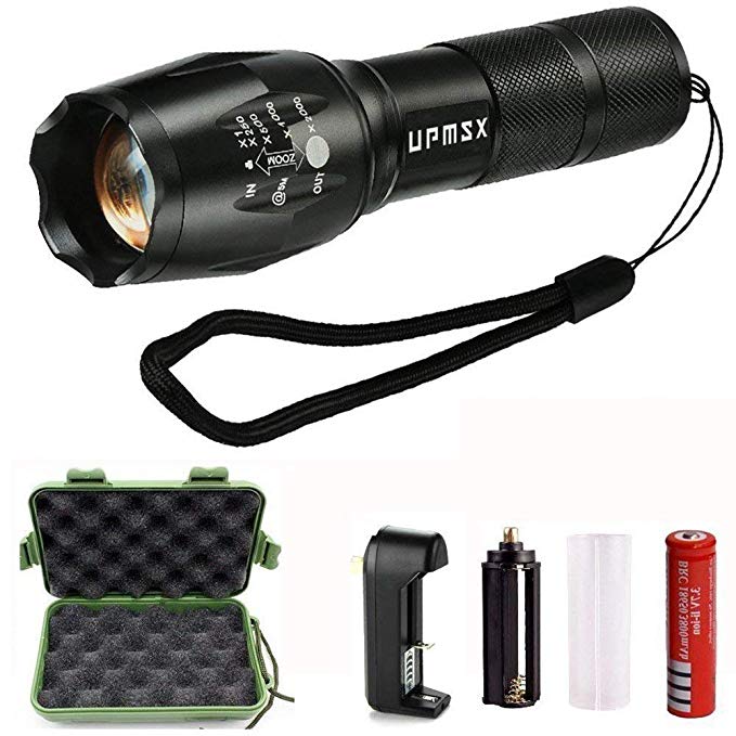 LED Flashlight,UPMSX XML T6 Portable Outdoor Water Resistant Torch with Adjustable Focus and 5 Light Modes,Rechargeable 18650 Lithium Ion Battery and Charger