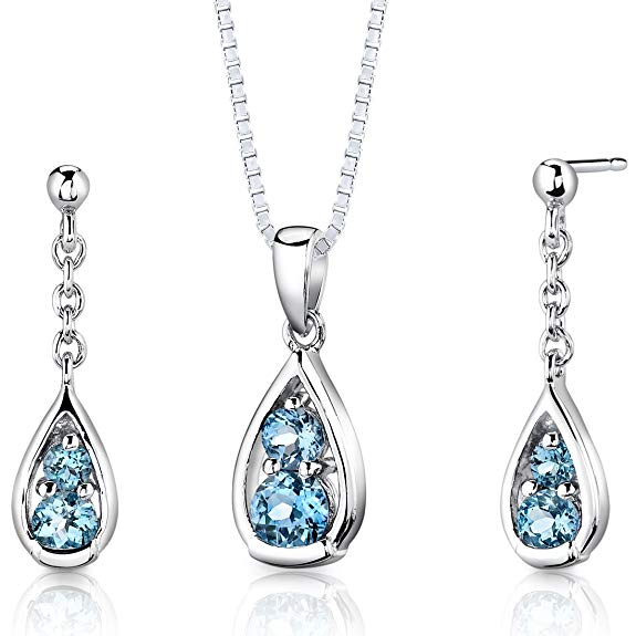 Peora Swiss Blue Topaz Pendant Earrings Necklace Sterling Silver 2.00 Carats