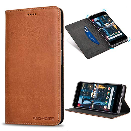 Google Pixel 2 Wallet Case, KEZiHOME Genuine Leather Premium Google Pixel 2 Case with Stand Feature and Credit Card Slot Full Protection Case for Google Pixel 2 5.0" (2017 Release) (Khaki)
