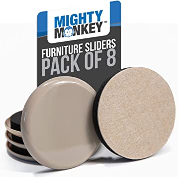 MIGHTY MONKEY Premium Furniture Sliders, 8 Piece, Carpeted and Hard Floor Surfaces Moving Kit, Felt Coaster Pads, Pad Sliders Help to Easily Move Couches, Sofa and Protect Floors from Heavy Furniture