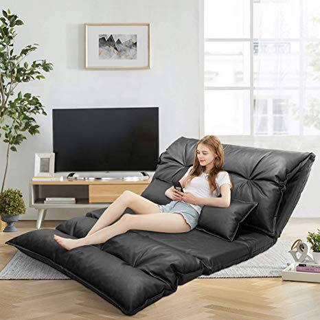 Floor Sofa Bed, Floor Pillow Bed, Black Leather Floor Sofa, Adjustable Floor Couch and Sofa with 2 Pillows for Reading, Gaming, Sleeper