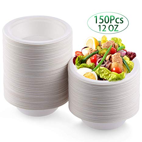 Fuyit 150 Count Disposable Bowl, 12 oz, Natural Compostable Biodegradable Sugarcane Paper Soup Bowls, Eco-Friendly, Microwavable and Leakproof Tableware for Hot and Cold Foods (White)