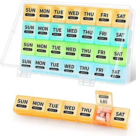 Pill Box Organizer Monthly, Opret Large Pill Case One Month 4 Weeks 28 Day Once A Day Large Compartments for Vitamins/FishOil/Supplements/Tablets