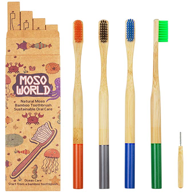 Moso Bamboo Toothbrushes Eco Friendly Wooden Toothbrushes Vegan Medium Soft Bristles 4 Packs for Adult (Colorful)