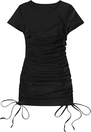 Milumia Women's Casual Rib Knit Short Sleeve Drawstring Ruched Bodycon Mini T Shirt Dress