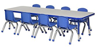 ECR4Kids 24" x 72" Rectangular Activity Table, Gray Top/Blue Edge, Toddler Legs/Ball Glides, Eight 10" Blue School Stack Chairs