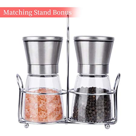 Premium Salt and Pepper Grinder set with Matching Stand.Adjustable and 100% Corrosion Resistant Ceramic Grinding Mechanism.Easy to Refill or Clean.(Notes: SALT OR PEPPER ARE NOT INCLUDED.)
