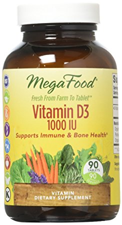 MegaFood - Vitamin D3 1000 IU, Support for Immune Health, Bone Strength, Hormone Production with Organic Herbs and Food, Vegetarian, Gluten-Free, Non-GMO, 90 Tablets (FFP)