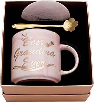 Luspan Grandma Mug - Pink Marble Ceramic Coffee Cup 11.5oz and Lid