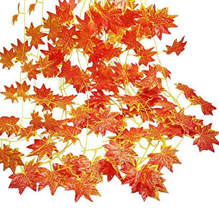 Autumn Garland, GoFriend 12 Strands (90 Feet) Artificial Maple Leaves Garland Red Maple Ivy Vine Hanging Fall Garland for Wedding Home Garden Party Thanksgiving Decor