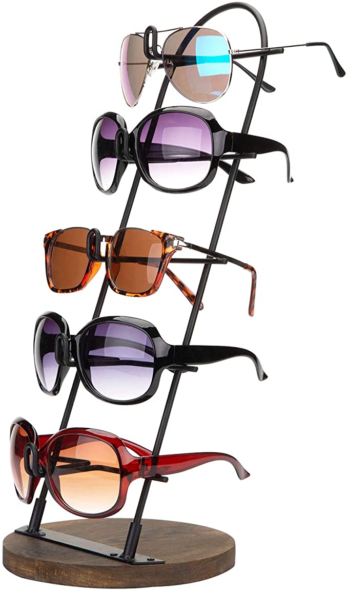 MyGift Modern 5-Tier Matte Black Metal Sunglasses Display Stand with Brown Wood Base, Retail Eyewear Holder