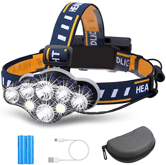 Rechargeable Headlamp, OUTERDO 8 LED Headlamp Flashlight 8 Modes with USB Cable 2 Batteries, Waterproof LED Head Torch Head Light with Red Light for Camping Fishing, Car Repair, Outdoor