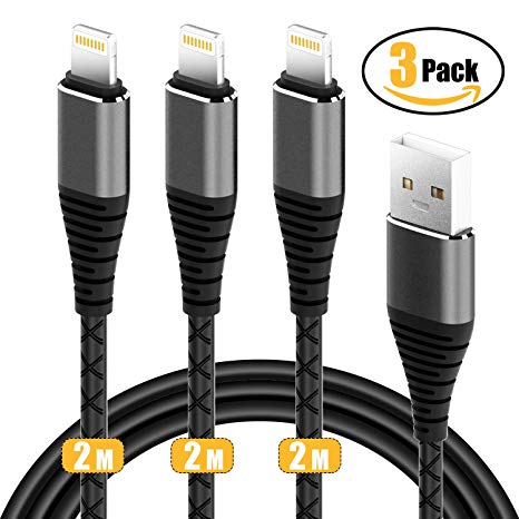 3Pack 2M Charger Cable CABEPOW for Long 6ft iPhone Charging Cord Lead/Data Sync Fast iPhone USB Charging Cable Cord Compatible with iPhone X/ 8/7/6/6s plus/SE/5c/5s/5 iPad Air/Mini iPod Nano/Touch (Black)