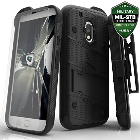 Motorola G4 Play / E3 Case, Zizo Bolt Cover with [.33mm 9H Tempered Glass Screen Protector] Armor [Military Grade] Kickstand Holster Belt Clip