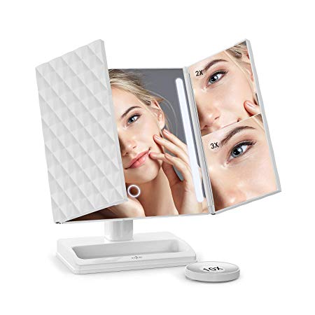Anjou Makeup Mirror LED Lighted Tri-fold Vanity Mirror with 1X / 2X /3X / 10X Magnification, USB Rechargeable, Touch Screen Dimming