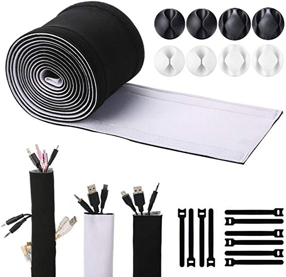 Cable Management Sleeves with Free Cable Clips and Ties(118 inch), ENVEL Neoprene Cord Organizer Hider with Nylon for TV USB PC Computer Network Wires, Adjustable Black White (118in 10 Ties 8 Clips)