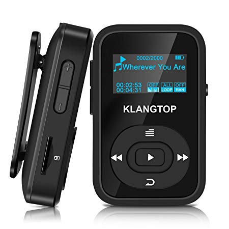 MP3 Player Sport Clip KLANGTOP Bluetooth Mini Music Players 8GB with FM Radio Voice Record 30 Hours Playback, Black
