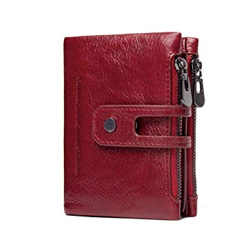 Women's Leather Wallet, Minimalist Vintage Cowhide Leather Wallet With ID Window-Red