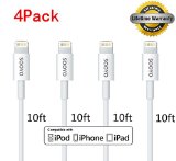 4Pack SOOYOTM 10ft 8-Pin Lightning to USB Cable Sync and Charging Cord Wire for iPhone 66s iPhone 66s Plus iPhone 5 5c 5s iPad 4 Mini Air iPod Nano 7 iPod Touch 510ftWhite