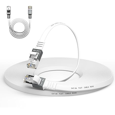 Cat 6a Ethernet Cable 50 Ft,Durable Flat Internet Network LAN Cable with 1.5Ft Short Patch Cord, Slim High Speed Gigabit Computer Wire with RJ45 Connectors, Faster Than Cat6/Cat5e/Cat5 Cable - White