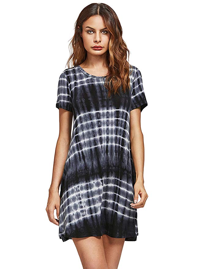 Romwe Loose Casual Short Sleeve Tie Dye Ombre Swing T-Shirt Tunic Dress