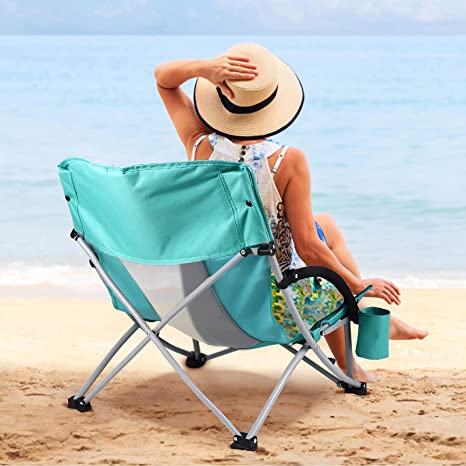 CLISPEED Low Camping Chair,Low Sling Folding Beach Chair, Ultralight Backpacking Chair with Cup Holder and Carry Bag for Camping Beach Patio BBQ Picnic Travel(Low Back)
