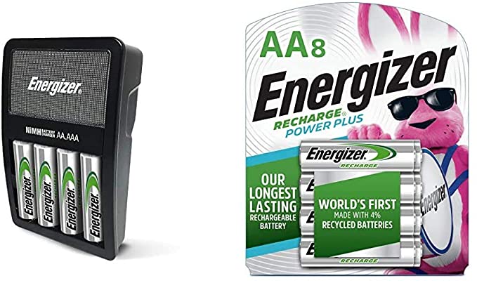 Energizer Rechargeable AA and AAA Battery Charger (Recharge Value) with 4 AA NiMH Rechargeable Batteries & NH15BP-8 Rechargeable AA Batteries, 2300 mAh, Pre-Charged, 8 Count (Recharge Power Plus)