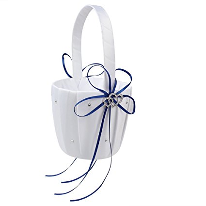 OurWarm Double Heart Wedding Flower Girl Basket White Satin Rhinestone Decor Royal Blue / Deep Blue Wedding Party Favor