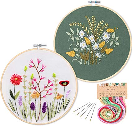 2 Pack Embroidery Starter Kit with Pattern, Kissbuty Full Range of Stamped Embroidery Kit Including Embroidery Cloth with Pattern, Bamboo Embroidery Hoop, Color Threads and Tools Kit(Floral and Daisy)