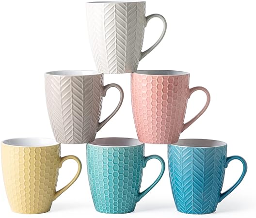 AmorArc Large Coffee Mugs Set of 6, 20oz Coffee Cups for Latte/Cappuccino/Tea/Cocoa, Ceramic Coffee Mugs with Textured Patterns for Men Women Mom Dad, Dishwasher&Microwave Safe, Multi-color