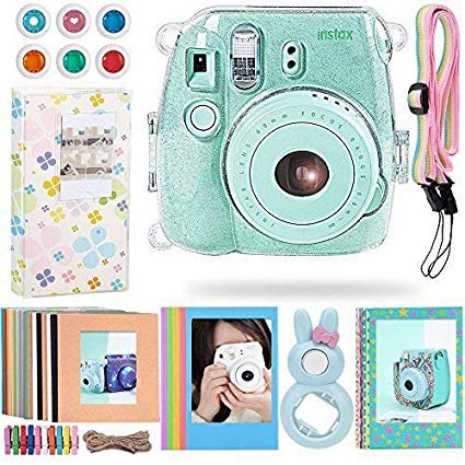 Katia Instant Camera Accessories for Polaroid Fujifilm Instax Mini 9 or Mini 8 Instant Film Camera- 8 in 1 Bundle - Clear Glittery