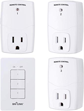 BN-LINK Mini Wireless Wall-Mounting Remote Control Outlet Switch Power Plug In for Household Appliances, Wireless Remote Light Switch, LED Light Bulbs, White (3 Outlets)