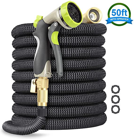 EcoEarth 50 Ft Expandable Garden Hose, Premium Flexible Water Hose with 3/4‘’ Nozzle Solid Brass Connector and Double Layer Latex, High Pressure 8 Function Water Spray Nozzle Expanding Hose