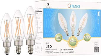 Jtechs 3 Pack, Clear LED B10 Dimmable 40 Watt Equivalent, Daylight Chandelier/Candelabra Bulbs. Excellent in Enclosed Fixtures and High Ceiling Chandeliers. UL Listed. Smooth Dimming