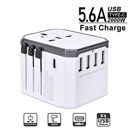 Evershop Travel Adapter, International Universal Power Charger Multi-function All-in-one AC Plug Converter with 4 5.6A USB and 3.0A Type-C Ports, Compatibility 224  Countries (White)