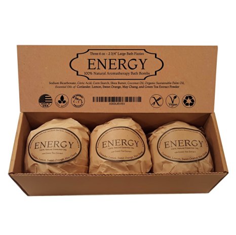 Energy Bath Bomb Gift Set - Invigorating Citrusy Blend - 3 Extra Large, 2 3/4 6.0 Oz. by Natural Spa Bath