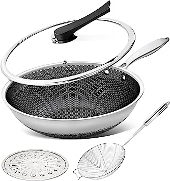 Michelangelo Wok Pan with Lid Set 4-Piece, Stainless Steel Wok with Lid, Stir Fry Pan with Honeycomb Coating, Flat Bottom Wok with Spider Strainer & Steaming Rack, Induction Compatible, 12 Inch