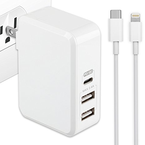 USB Type-C, GMYLE Fast Charge Bundle Set for iPhone 8/8Plus/X, Quick Charging Power Delivery Multi-Port 41W USB-A & USB Type-C Wall Charger Adapter with USB-C to Lightning Connector Cable