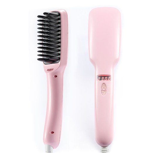 WinTech Hair Straightener Brush Anion instant Magic Silky Straight Hair Styling Anti Scald Anti Static Ceramic Heating Detangling Hair Pink