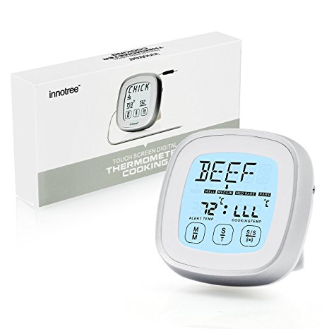 Digital Cooking Meat Thermometer   Kitchen Timer 2 in 1, Touch Screen Large Display Stainless Steel Probe Magnetic Best for Oven Grill BBQ