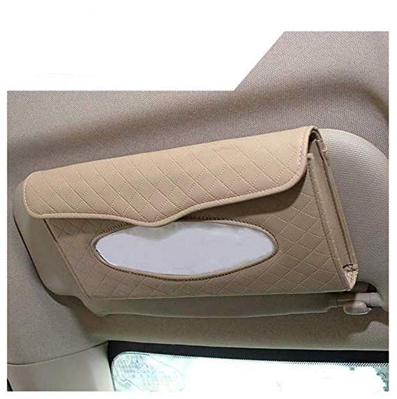 SCTD Car Tissue Holder- PU Leather Van Truck Vehicle Tissues Case Dispenser for Backseat and Sun Visor, Refill Paper Included (Beige)