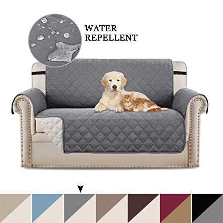 BellaHills Sofa Covers 2 Seater Slipcover Protector Sofa Throw, Premium Reversible Loveseat Slipcover, 2" Elastic Strap, Furniture Protector/Slipcovers for Dogs/Cats (Two Seat - Grey/Beige)