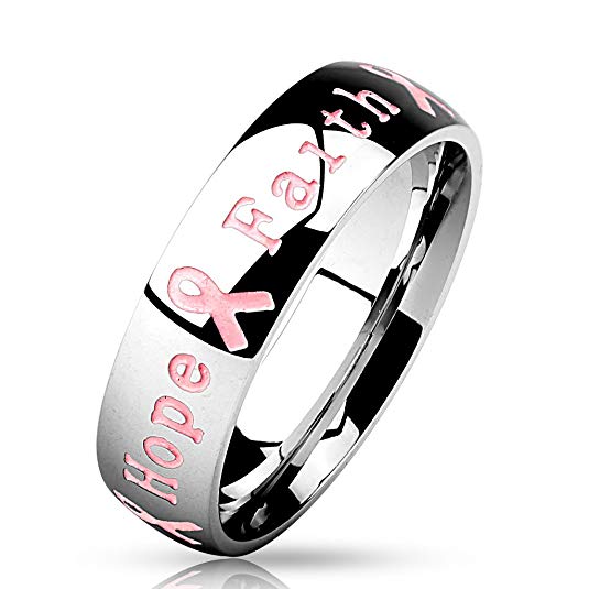 S&H JEWELRY Courage, Strength, Hope, Faith Pink Ribbon Stainless Steel Ring