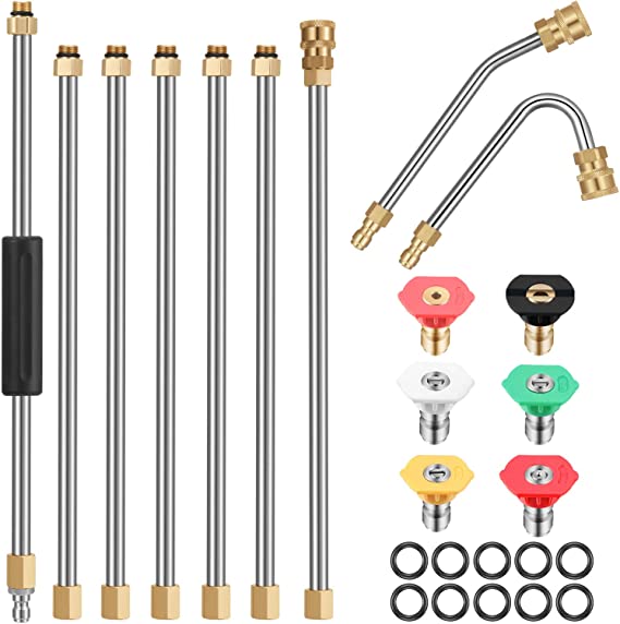 7 Pieces Pressure Washer Extension Wands 10 ft Replacement Lance, 2 Pieces Curved Rod 30 or 120 Degree, 6 Pieces Spray Nozzle Tips and 10 Pieces O-Ring, 1/4 Inch Quick Connector, 4000 PSI