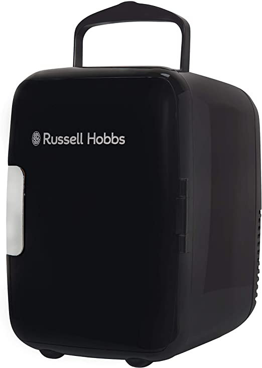 Russell Hobbs Mini Fridge RH4CLR1001B 4L/6 Can Portable Mini Cooler & Warmer for Drinks, Cosmetics/Makeup/Skincare, AC/DC Power, Retro Style, Black, For Bedroom, Home, Caravan, Car