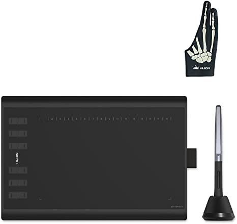 Huion Inspiroy H1060P Graphics Drawing Tablet with Digital Pen PW100 and Black Glove and Skeleton Glove, OTG Adapters Included