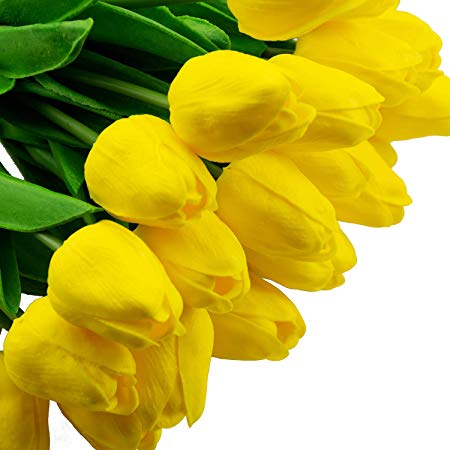 Foraineam 30 Pcs Fake Tulip Flowers Real Touch Tulip Artificial Flower for Home Office Wedding Party Festival Decor (Yellow)